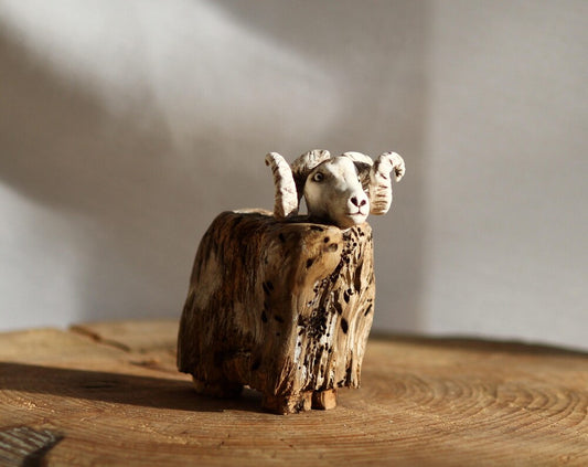 Icelandic ram (Bjartur) : Sculpture on driftwood