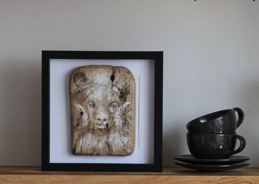 Icelandic ram.Acrylic painting on driftwood in a black frame.